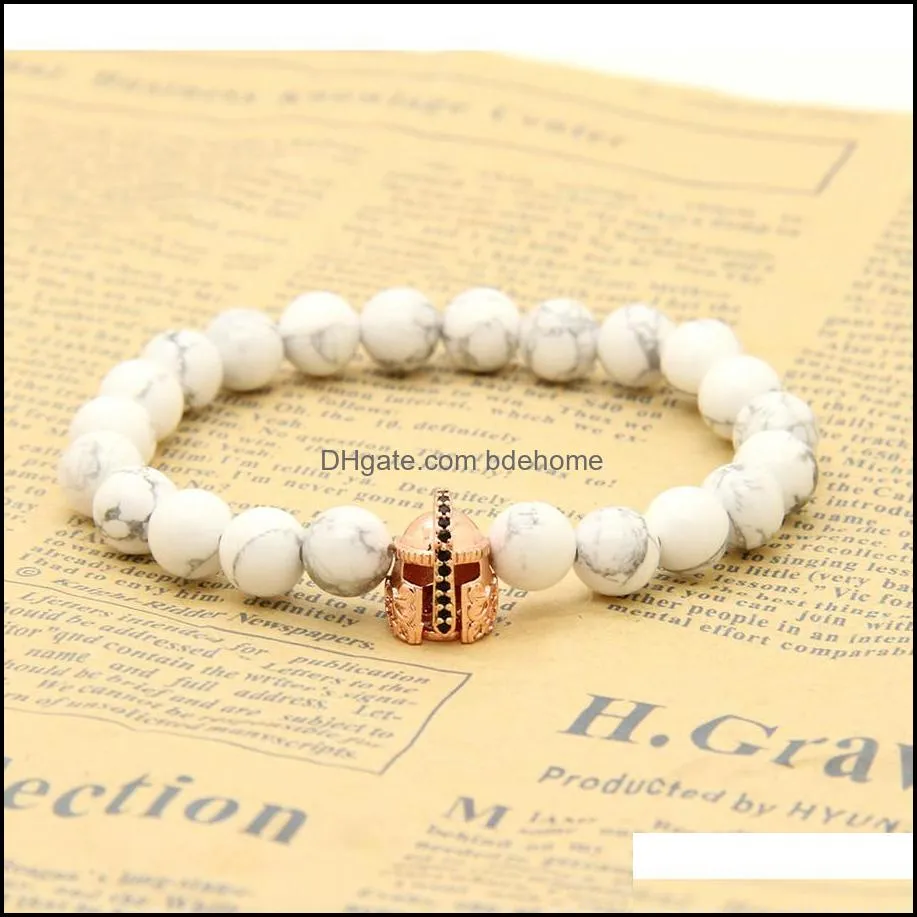 10pcs/lot 8mm natural white howlite marble stone fashion roman warrior helmet micro pave black cz spartans bracelets