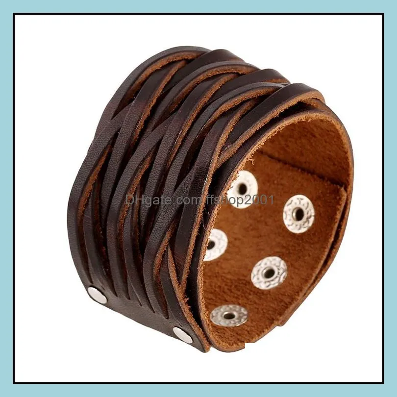 wide weae braid leather bangle cuff multilayer wrap button adjustable bracelet wristand for men women fashion jewelry black