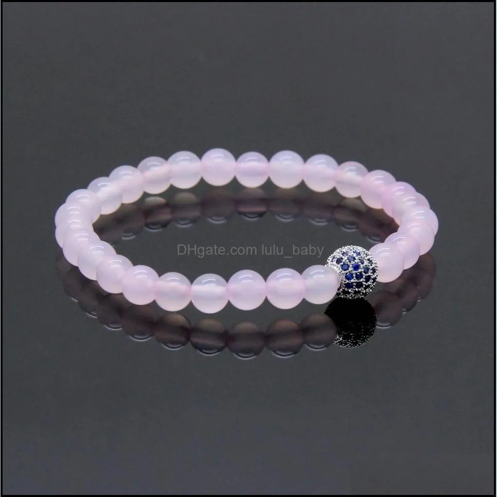  girls jewelry 6mm a grade pink agate stone beads with 9mm micro paved blue cz ball beaded bracelet party gift