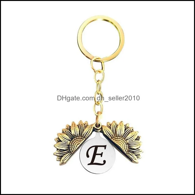 26 english letter sunflower locket key ring ancient gold initial keychain holders bag hang for women men fashion jewelry