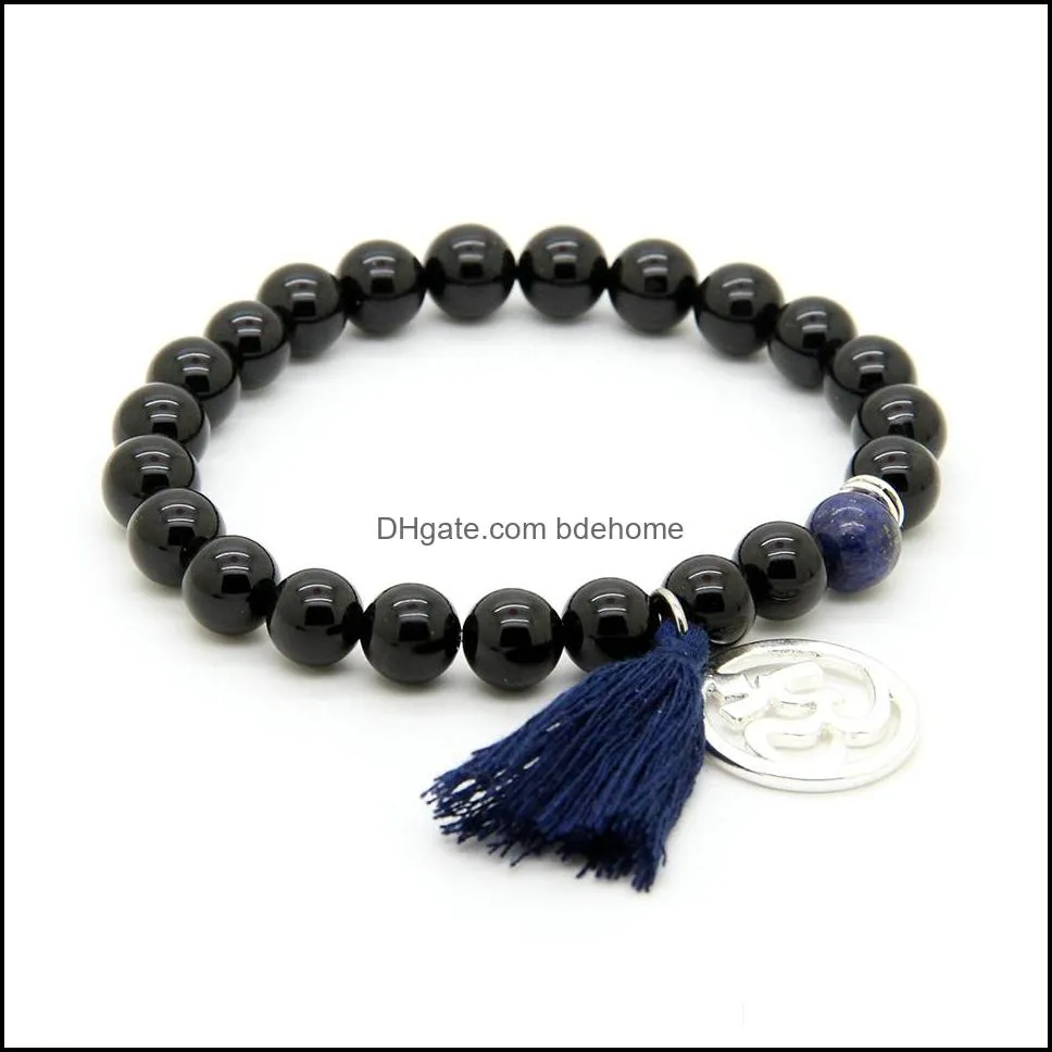 new design valentine wholesale 8mm black onyx stone beads tassel stretch beads yoga big om couple bracelet