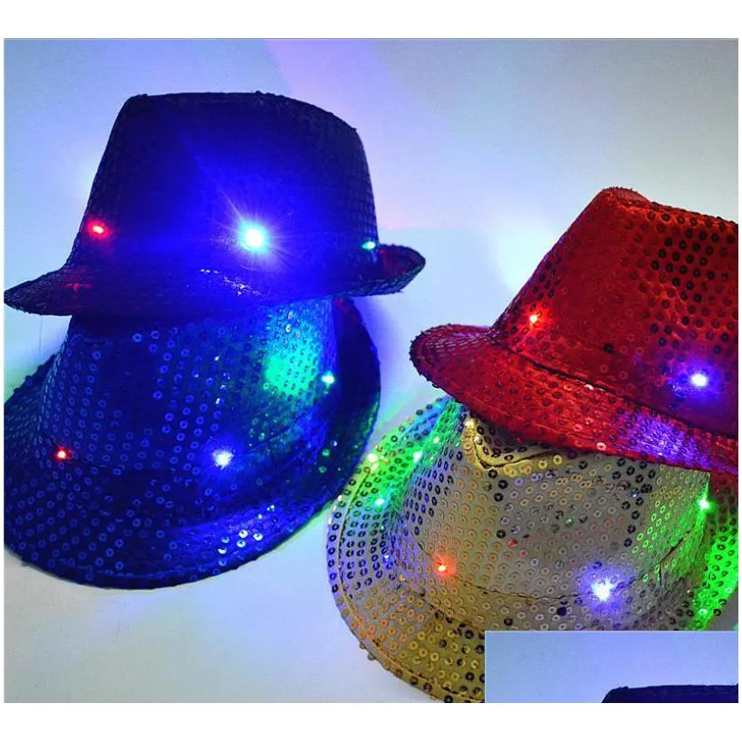 led flash sequins glowing hat adults children hiphop light up jazz cap dance club event party birthday stage perform props halloween