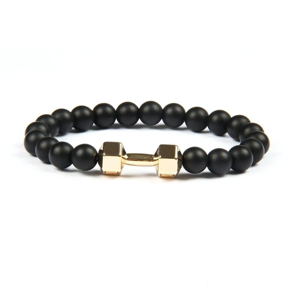mens gift wholesale jewelry arrival alloy metal matte agate stone beads fitness fashion dumbbell bracelets with words