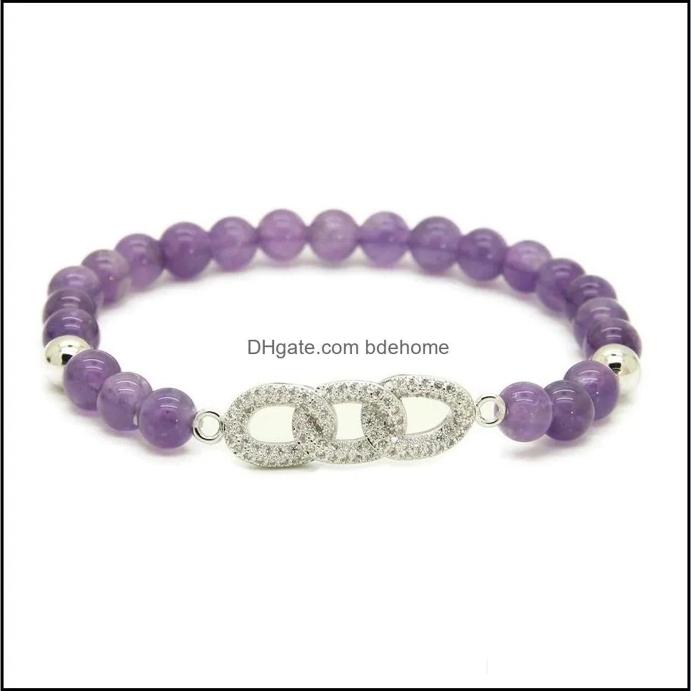 wholesale new mens jewelry wholesale 6mm natural amethyst stone beads micro pave zircon cz beads chain beaded bracelets