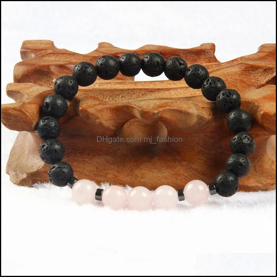  jewelry black lava energy stone beads with pink crystal bracelets wholesale for mens and womens gift