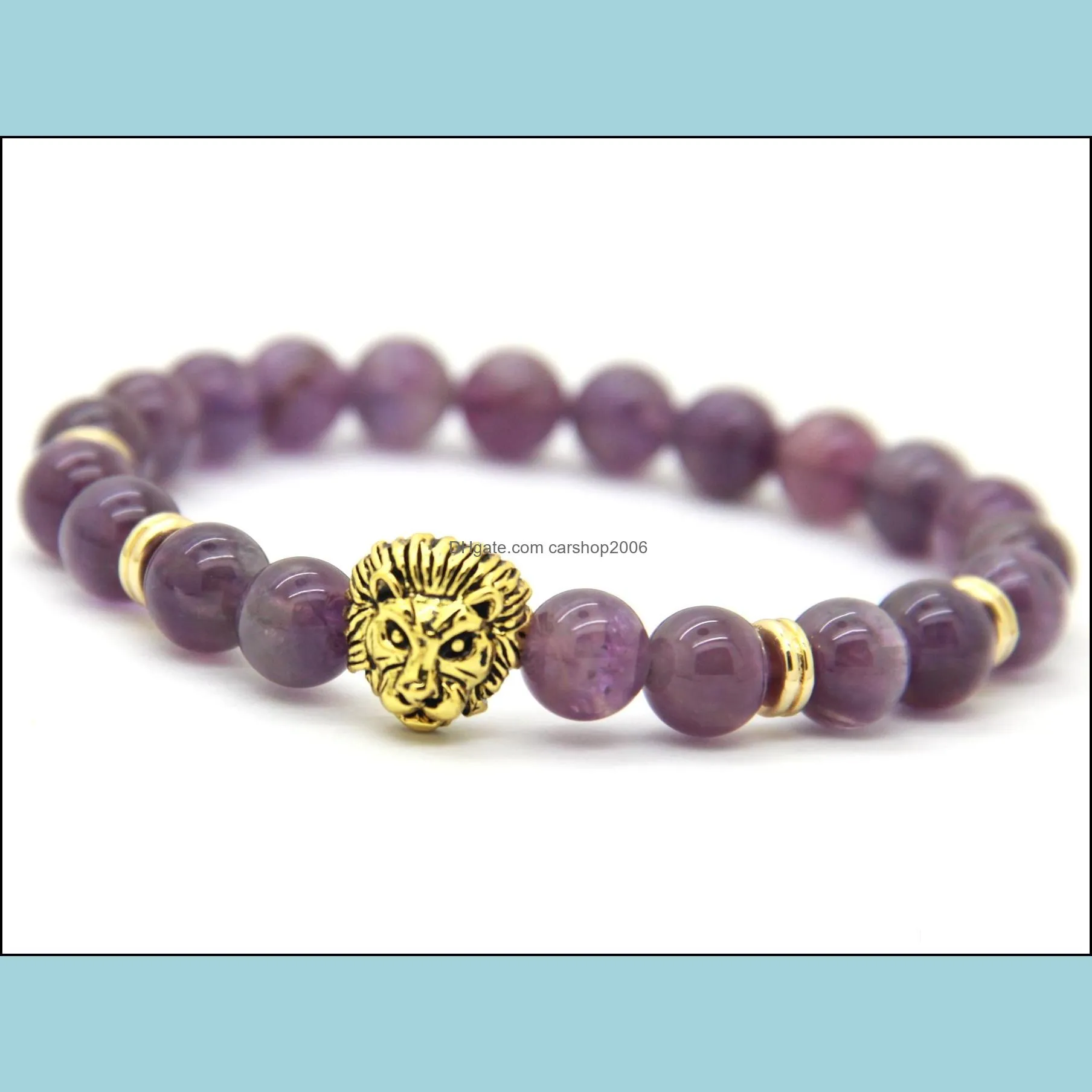 2016 wholesale 8mm top quality natural amethyst stone beads realgold plated  head energy bracelets mens jewelry mens gift