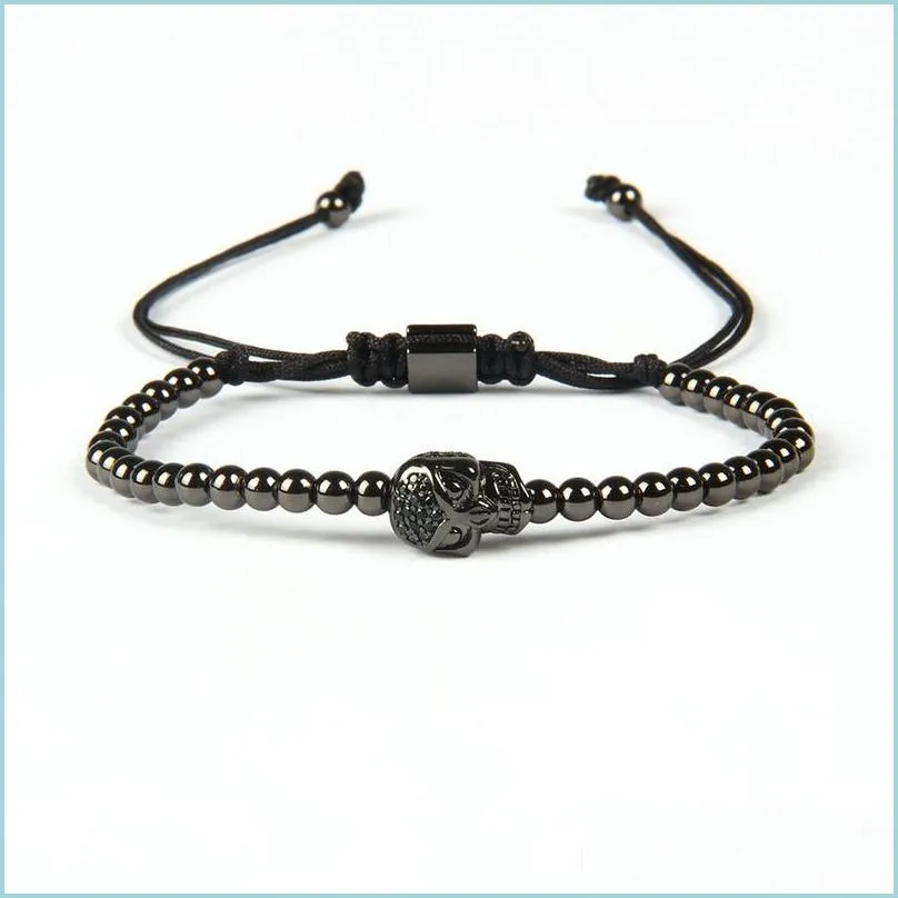 pulseira masculina wholesale mix colors 4mm brass beads exquisite three sides black cz skull macrame bracelet