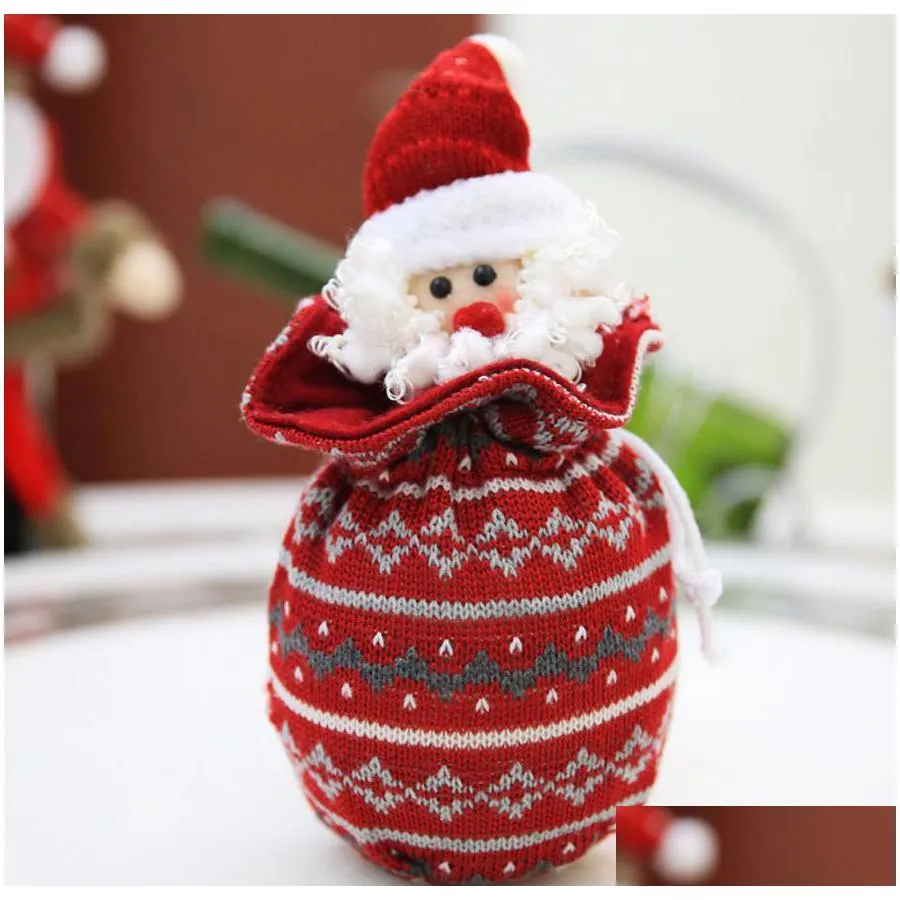 knitted christmas decorations gift wrap xmas drawstring party favor pouches candy treats  fruit packaging santa snowman reindeer
