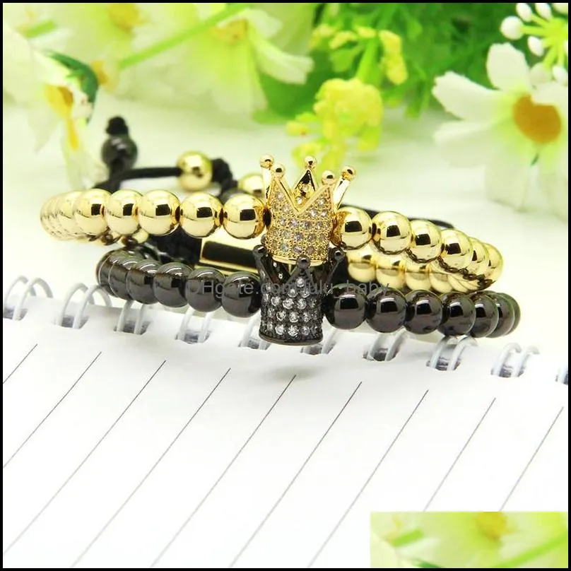 clear cz crown braided charm men bracelet wholesale 6mm top quality brass beads party gift jewelry