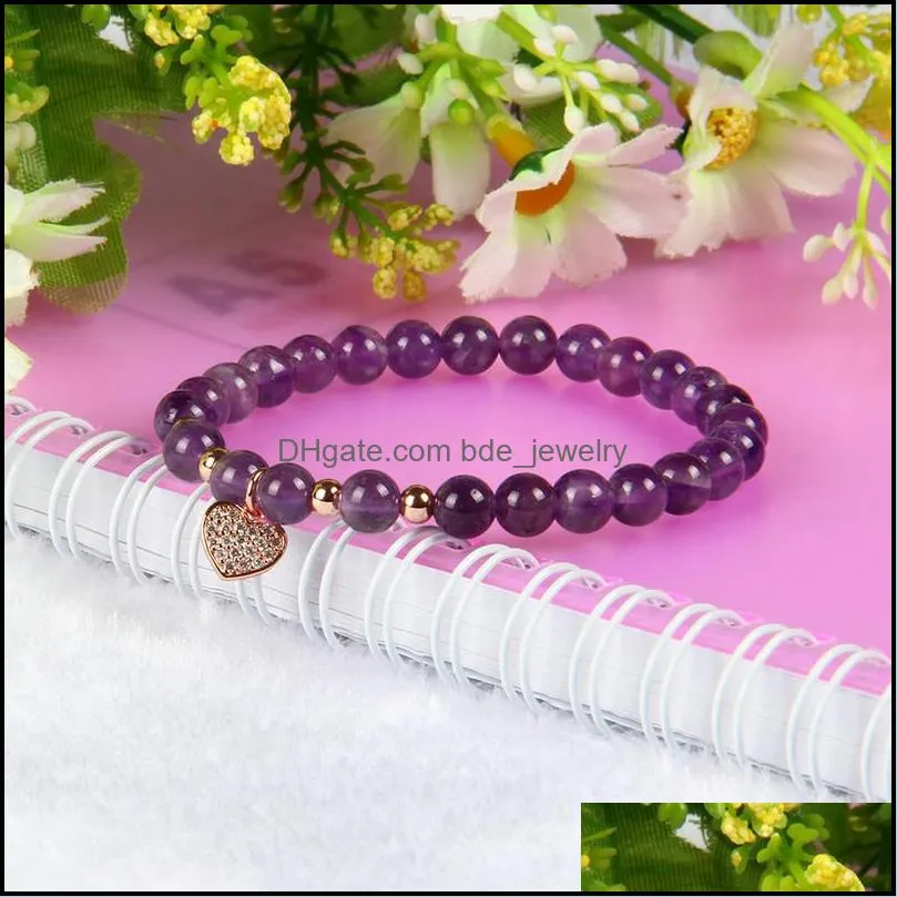  womens wholesale 10pcs/lot 6mm natural purple crystal stone beads with love heart cz bracelet fine girl women charms jewelry