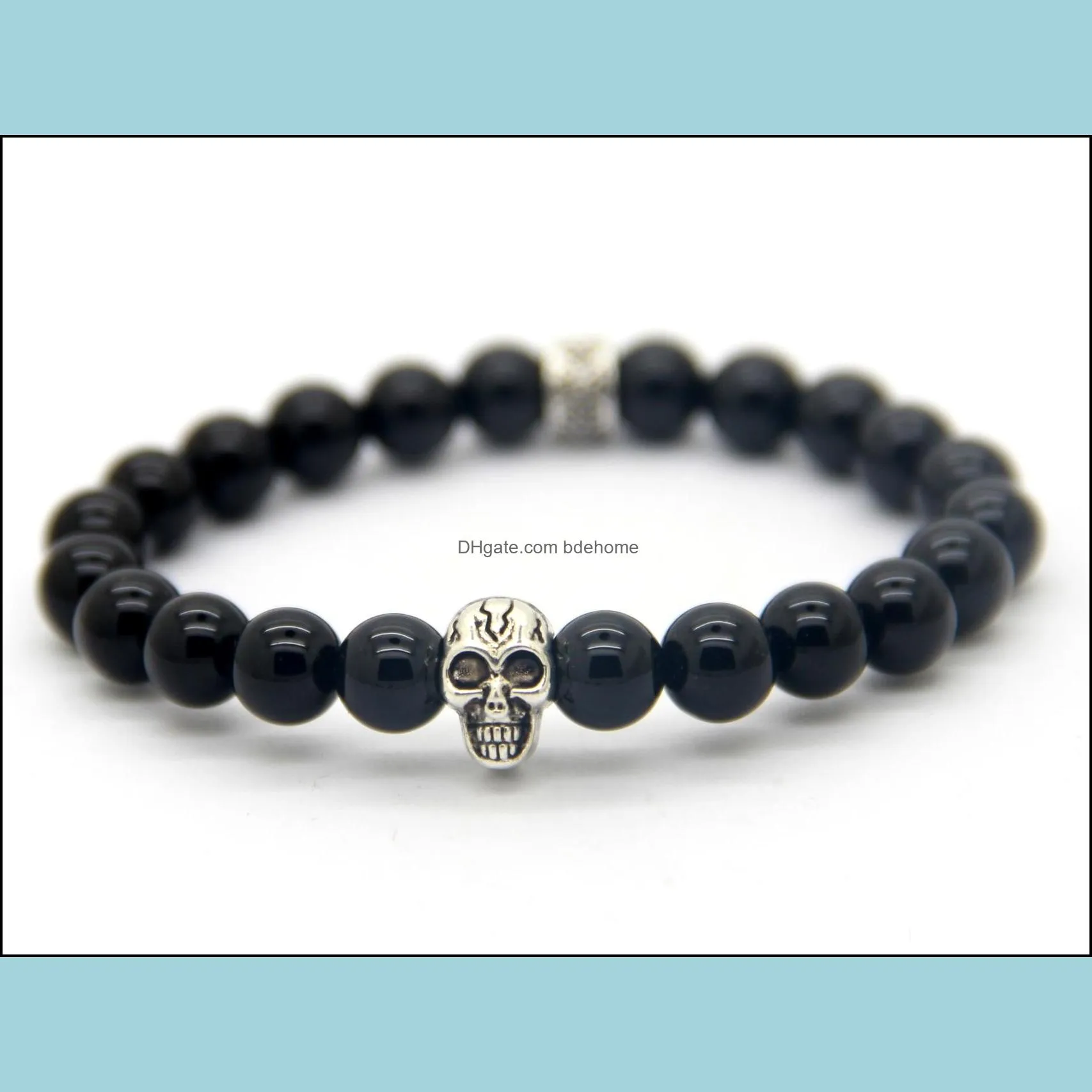 silver skull bracelet wholesale a grade natural stone beads micro pave cz ball beaded couples bracelets mens fashion jewelry