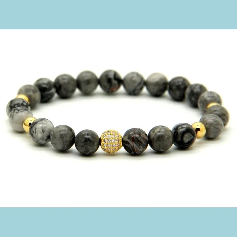 1pcs high grade jewelry 8mm grey picture jasper stone beads micro pave black and gold cz beads bracelets mens gift