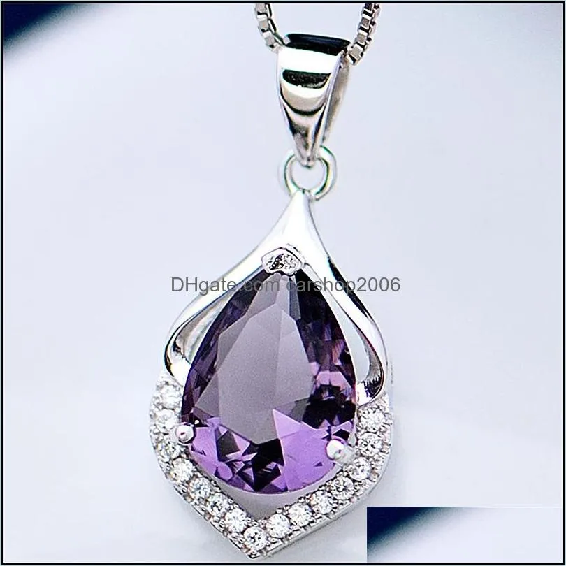 crystal purple water drop necklace diamond pendant women necklaces silver chain fashion jewelry gift