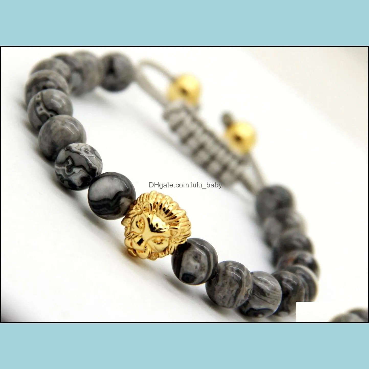 2016 design mens bracelets wholesale 8mm grey picture jasper stone beads gold and silver macrame  head bracelets