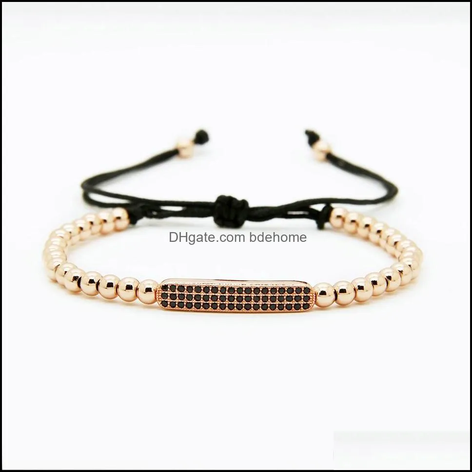 top quality men women jewelry 4mm copper beads black cz curved long tube bar braided macrame bracelets