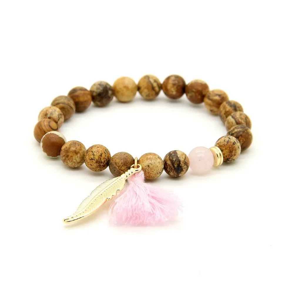  design wholesale 10pcs/lot 8mm yellow picture jasper stone beads with tassel leaf couple lucky bracelet