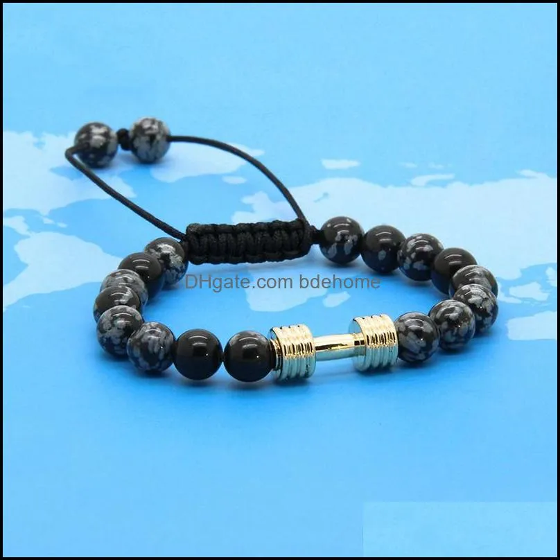 sport energy bracelets wholesale 8mm snowflake obsidian stone beads with new barbell fitness dumbbell macrame charm bracelets for men