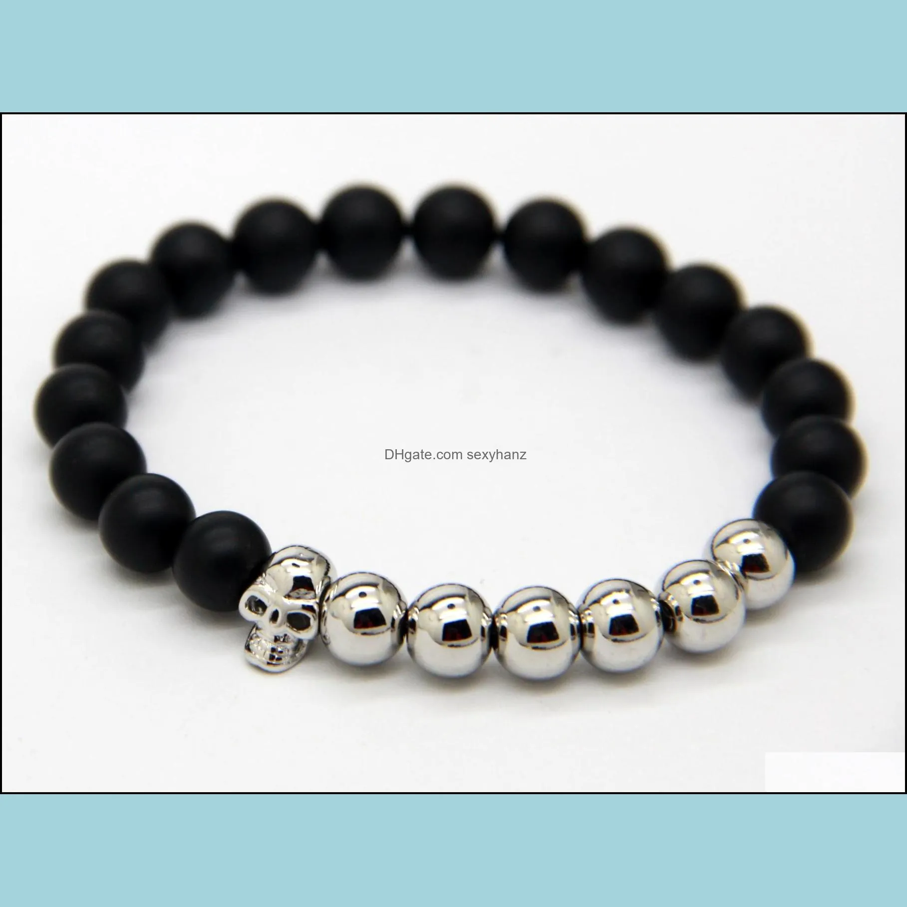 2015 design wholesale beaded silver bronze skull bracelest with natural matte agate stone beads jewelry
