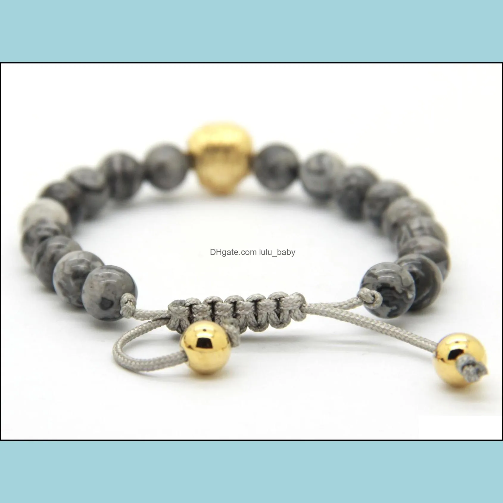 2016 design mens bracelets wholesale 8mm grey picture jasper stone beads gold and silver macrame  head bracelets