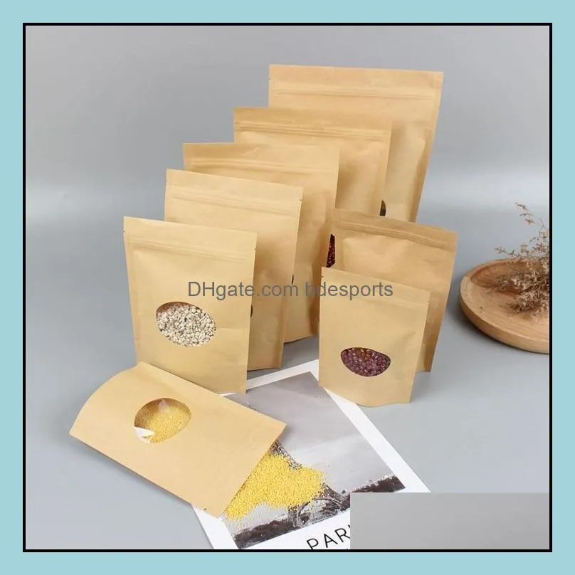 50pcs/lot standing kraft paper bags with round window yellow kraft pack storage dried food fruits tea electronic product pouches