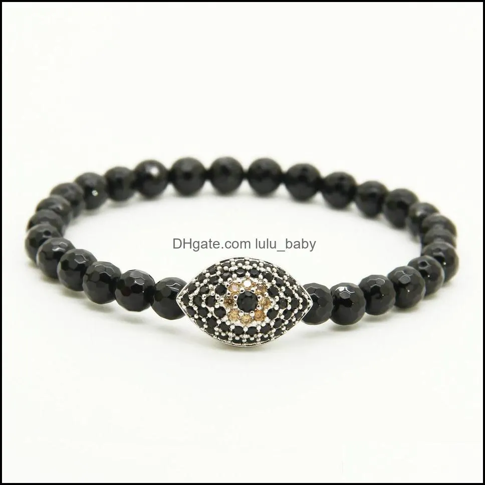 wholesale 10pcs/lot 6mm natural faceted black onyx stone beads with black turkish lucky eye cz bead bracelets