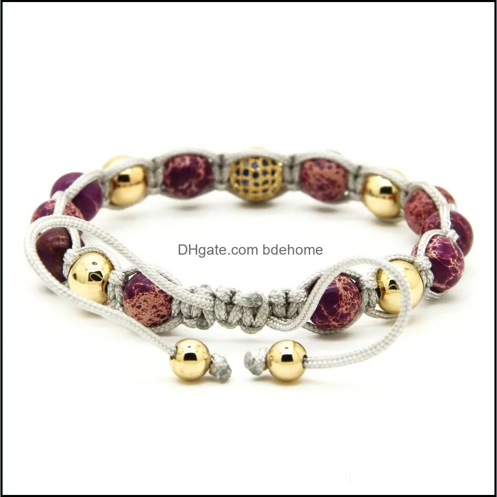 wholesale 10pcs/lot purple sea sediment stone beads with 9mm blue micro paved blue cz copper beads braiding macrame bracelet