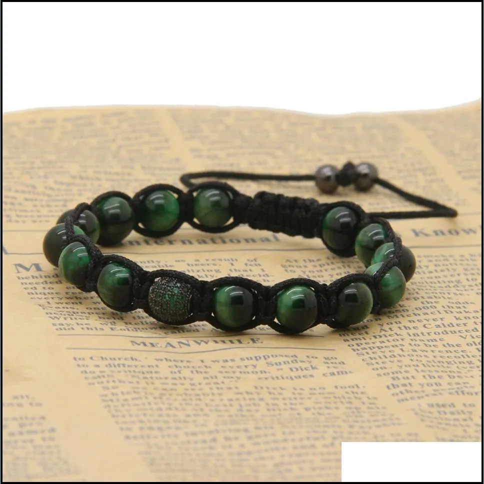 fashion men & women jewelry wholesale 8mm a grade roseo & green tiger eye stone cz macrame bracelets