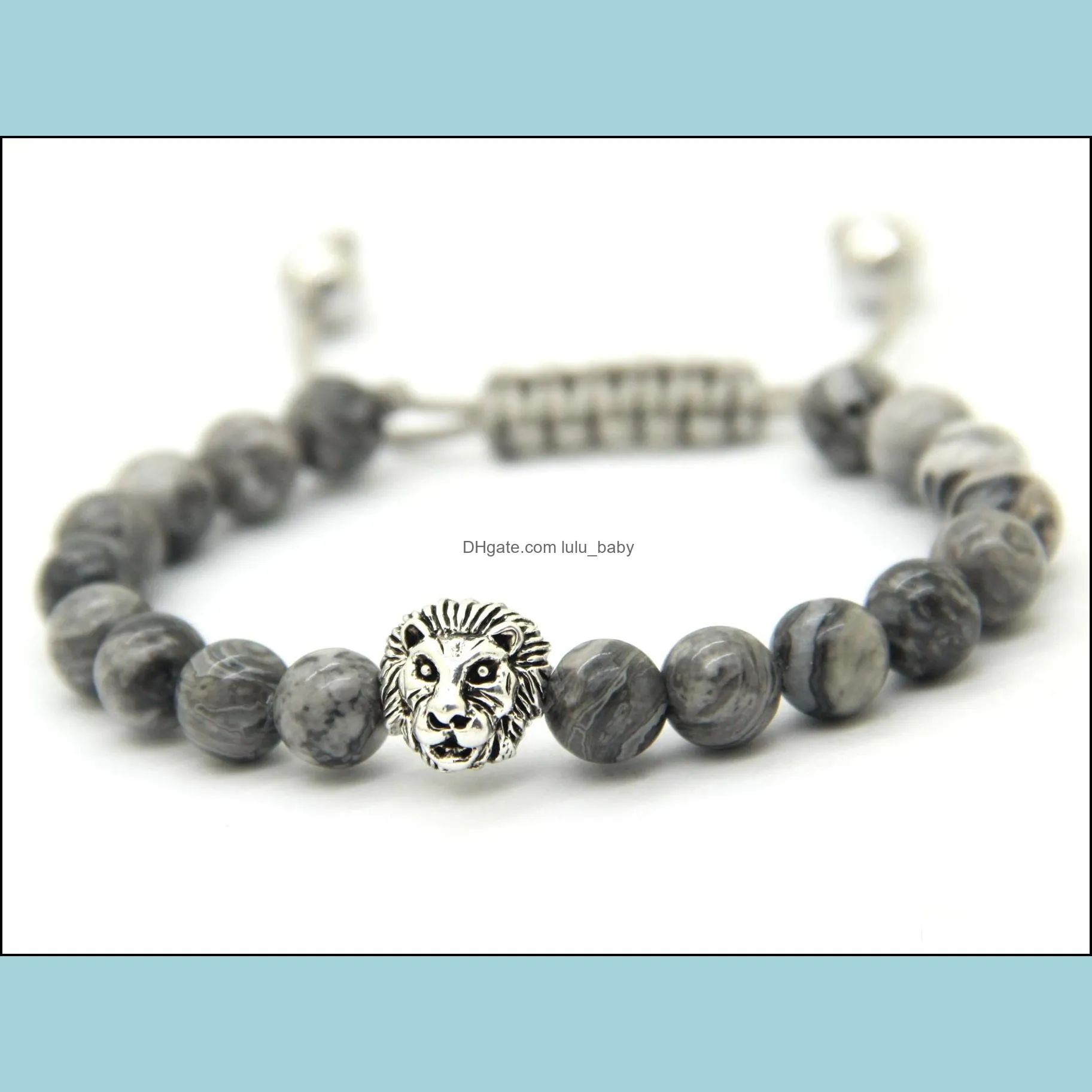 2016 design mens bracelets wholesale 8mm grey picture jasper stone beads gold and silver macrame  head bracelets