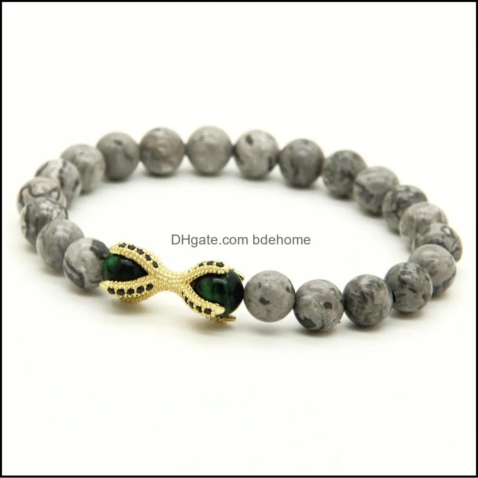 10pcs/lot grey picture jasper stone with tiger eye beads micro inlay black cz beads  clawhot sell european style bracelets