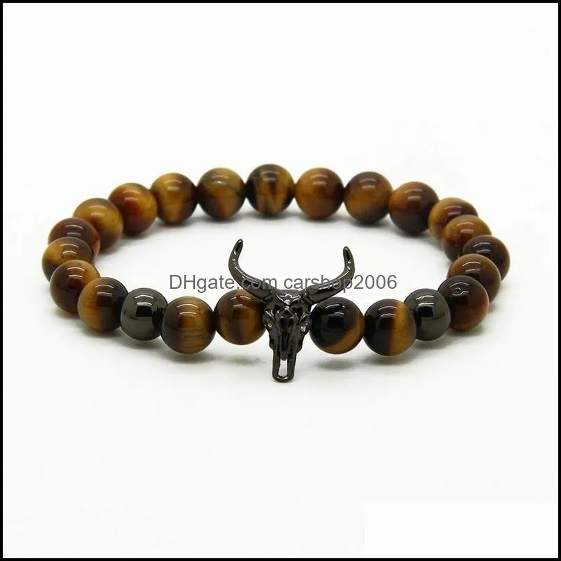 wholesale 10pcs/lot 8mm a grade yellow tiger eye stone beads with alloy bull bracelet men women matador charm bracelets