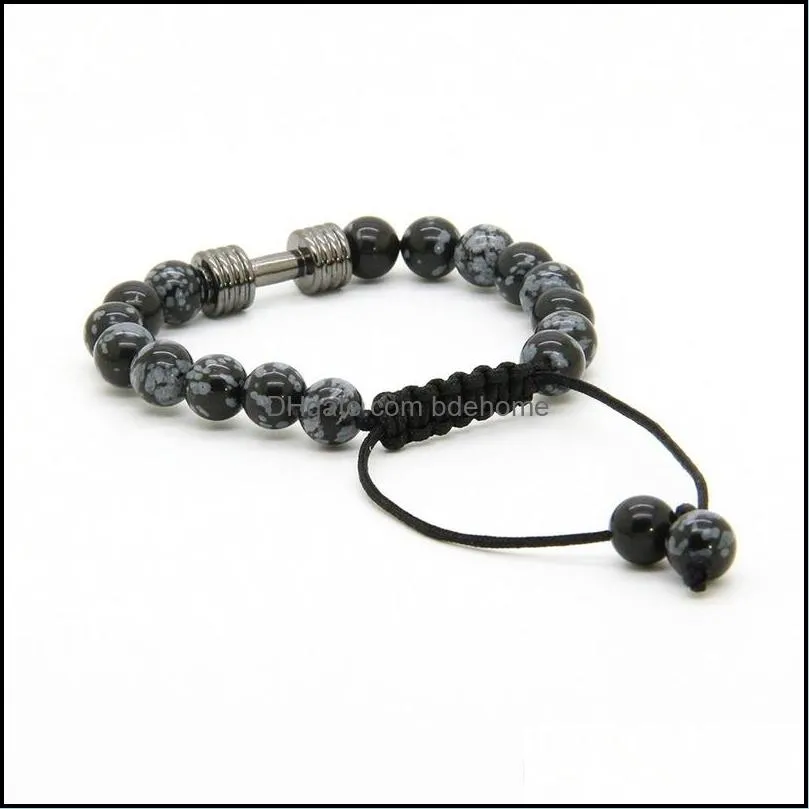 sport energy bracelets wholesale 8mm snowflake obsidian stone beads with new barbell fitness dumbbell macrame charm bracelets for men