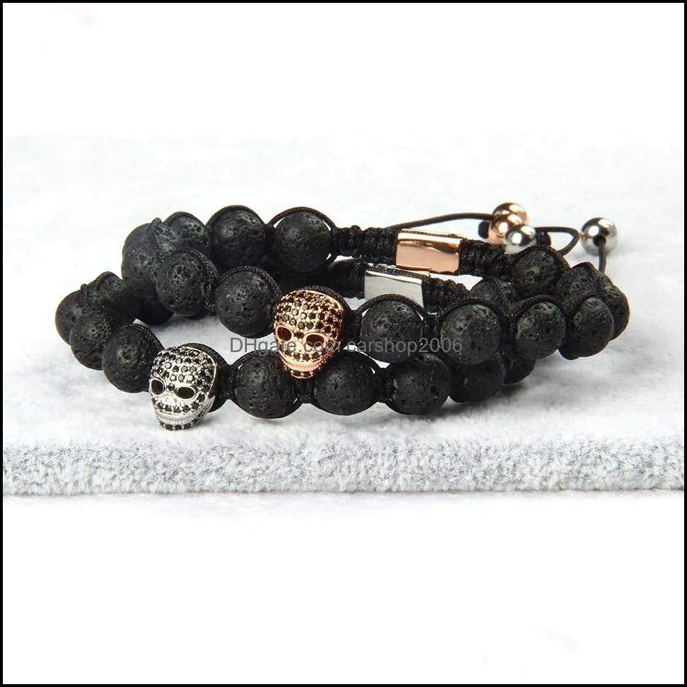 ailatu jewelry wholesale 10pcs/lot 8mm natural lava stone with micro pave black cz heart skull macrame bracelet for cool men