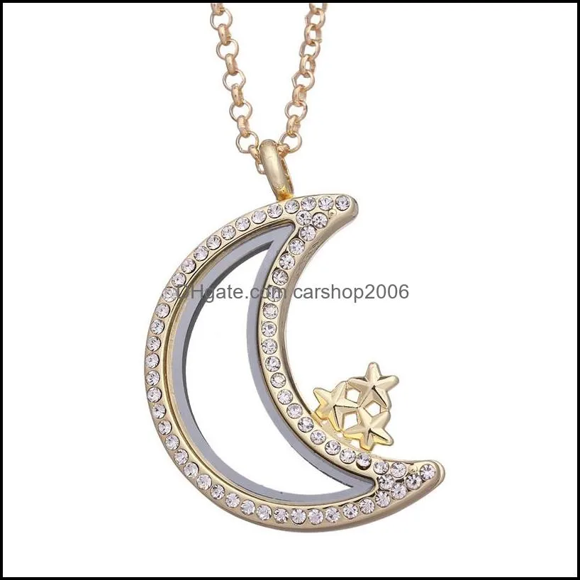 crystal star moon floating locket necklace gold chains openable open living memory pendant diy fashion jewelry for women