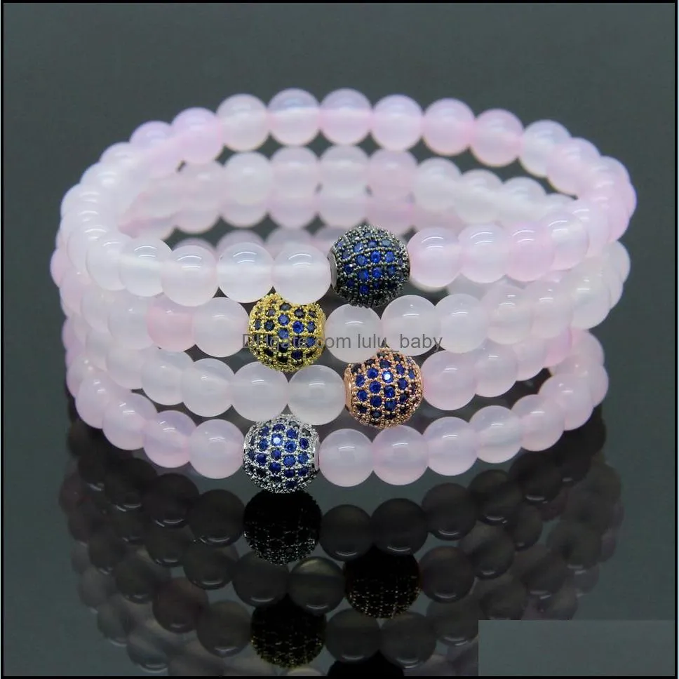  girls jewelry 6mm a grade pink agate stone beads with 9mm micro paved blue cz ball beaded bracelet party gift