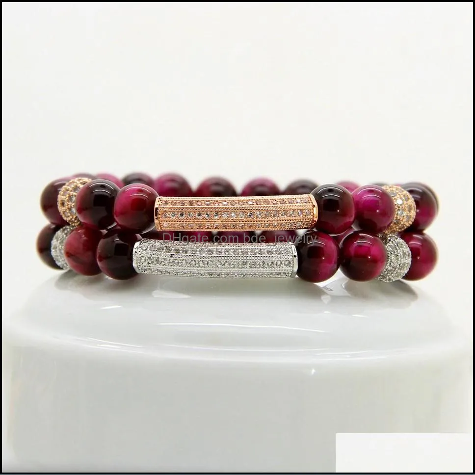 fashion men women jewelry wholesale 8mm a grade roseo tiger eye stone micro inlay clear cz tube beaded bracelets