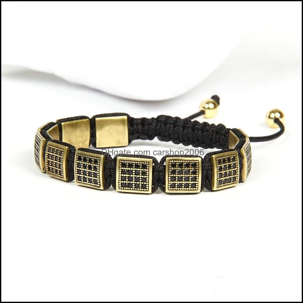 ailatu mens jewelry wholesale 10pcs/lot antique gold and silver micro pave black cz flatbead macrame sqaure bracelet