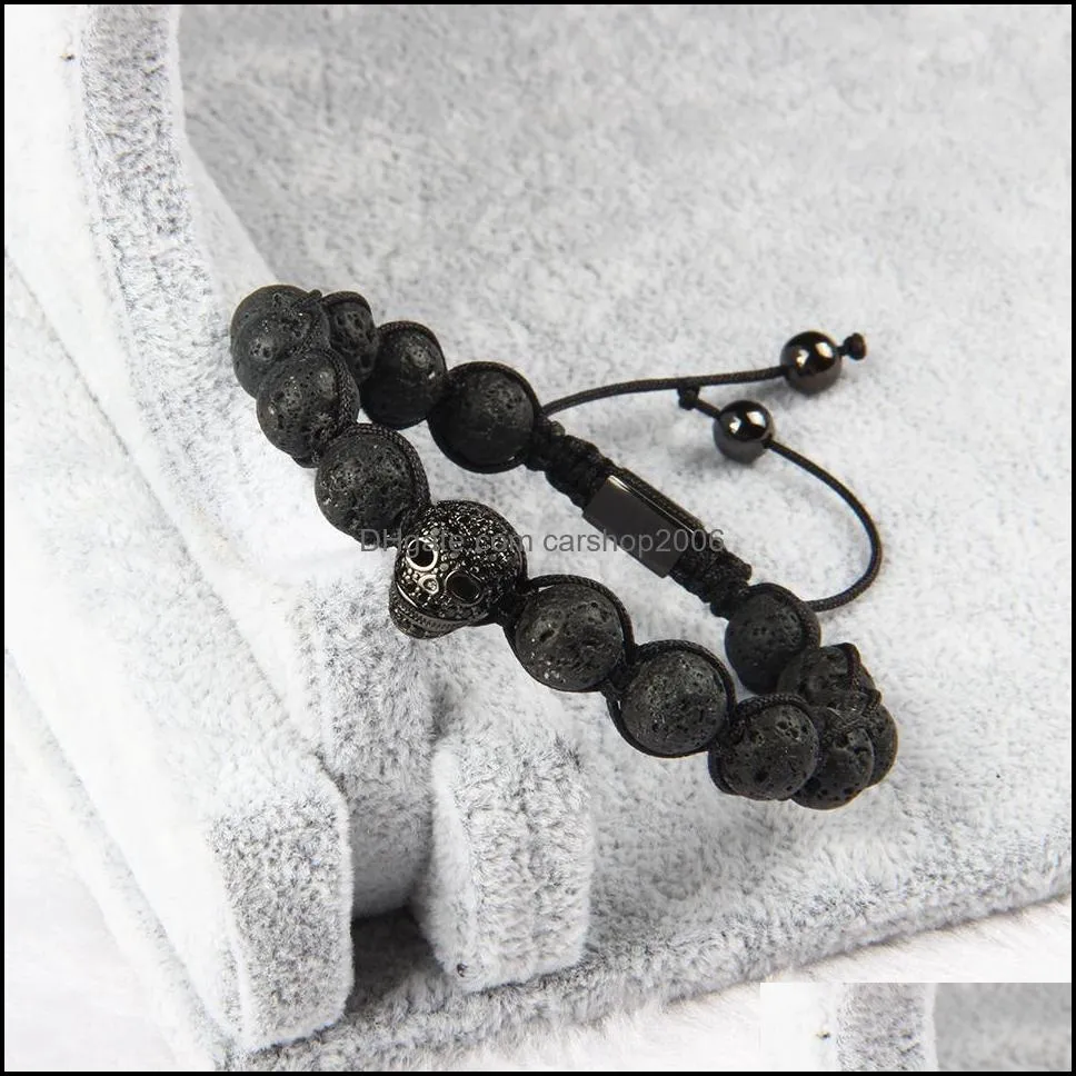 ailatu jewelry wholesale 10pcs/lot 8mm natural lava stone with micro pave black cz heart skull macrame bracelet for cool men