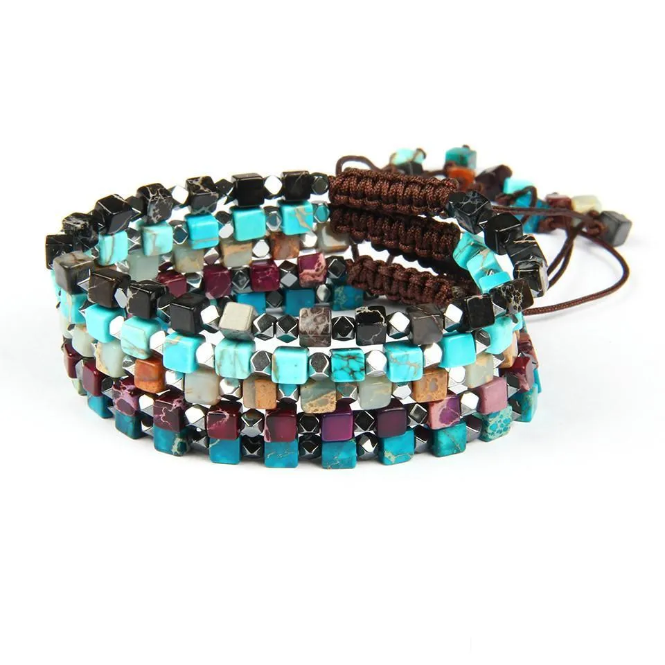 bohemia bracelet wholesale 4mm natural sea sediment imperial square stone beads friendship macrame bracelets mix colors