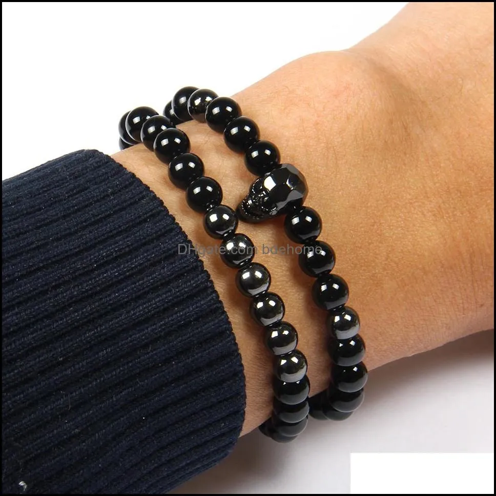  jewelry wholesale 10 sets /lot 6mm natural black onyx stone beads top quality black cz skull beaded bracelets