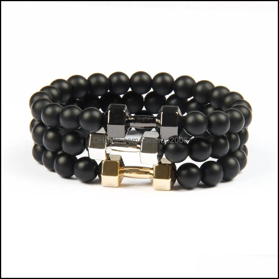 mens gift wholesale jewelry arrival alloy metal matte agate stone beads fitness fashion dumbbell bracelets with words