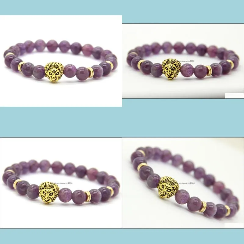 2016 wholesale 8mm top quality natural amethyst stone beads realgold plated  head energy bracelets mens jewelry mens gift
