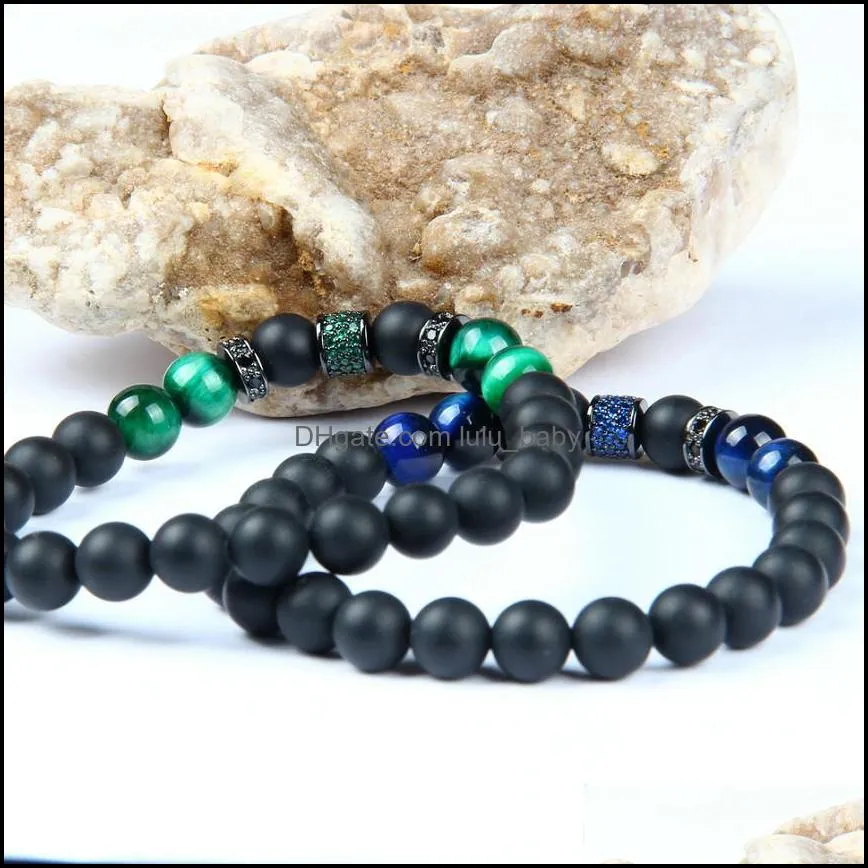  green blue cz beaded men bracelets wholesale 10pcs/lot with natural tiger eye and matte onyx stone for gift