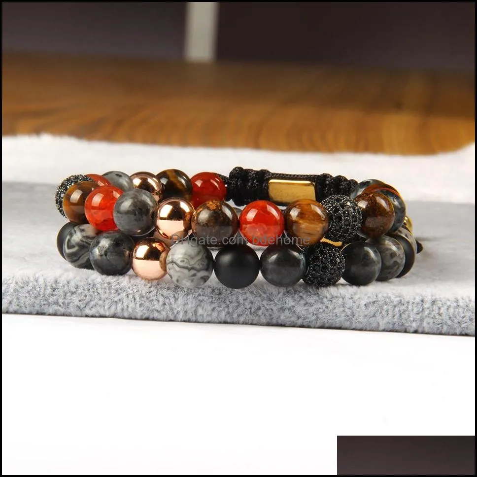 new mens jewelry wholesale 10pcs/lot micro pave black cz ball macrame bracelets with 8mm natural mix colors stone beads