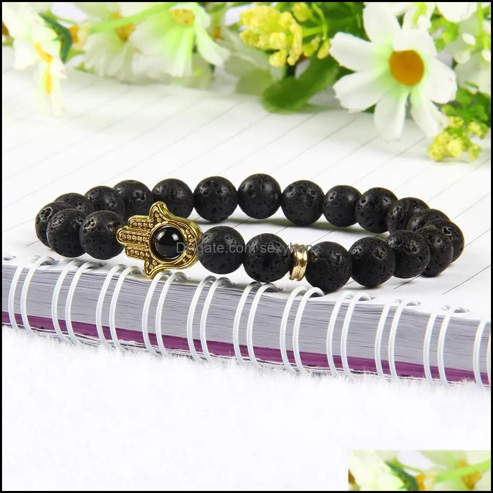  design wholesale 10pcs/lot lava stone beads with goldplated fatima hamsa hand protection stretch bracelets for men