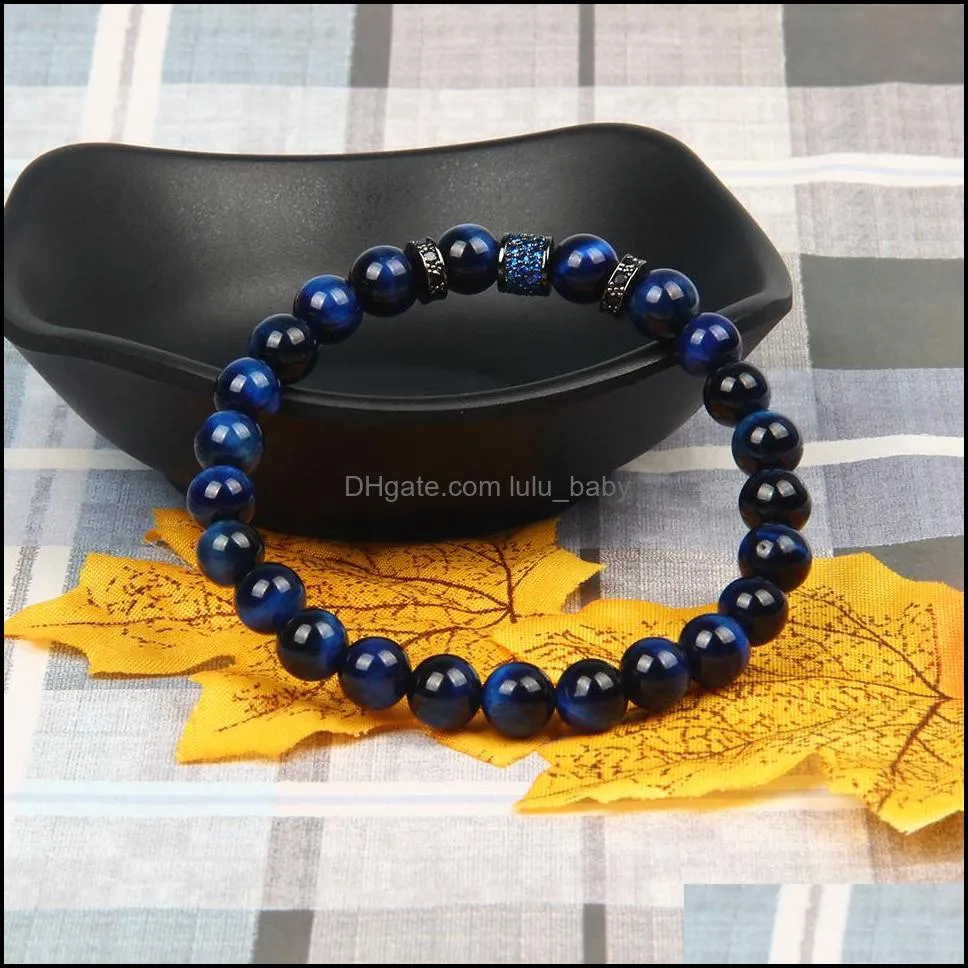  green blue cz beaded men bracelets wholesale 10pcs/lot with natural tiger eye and matte onyx stone for gift