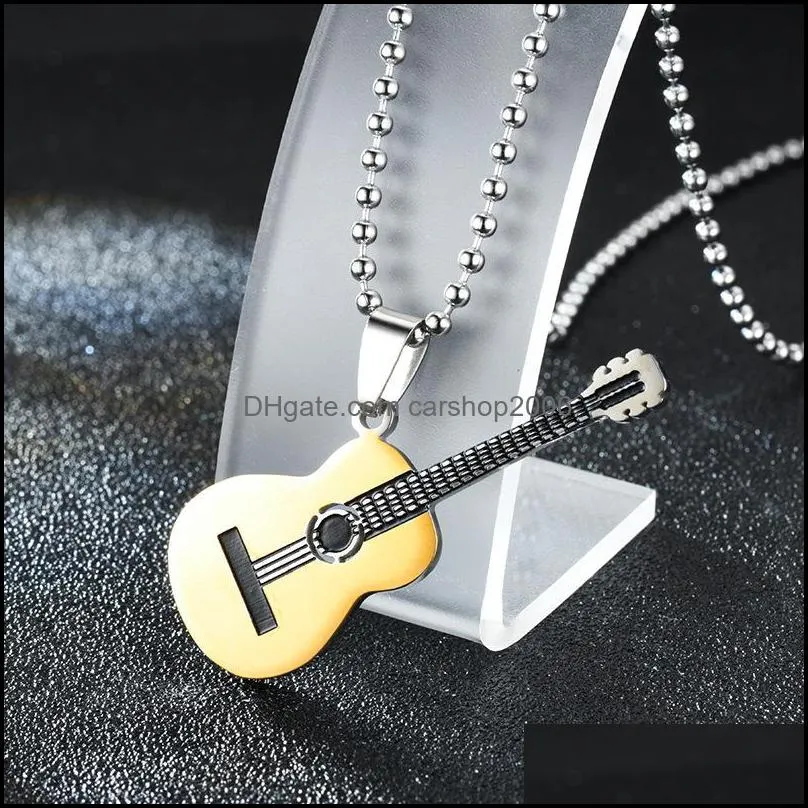 stainless steel music guitar pendant necklace women mens necklaces black gold hip hop fashion jewelry gift