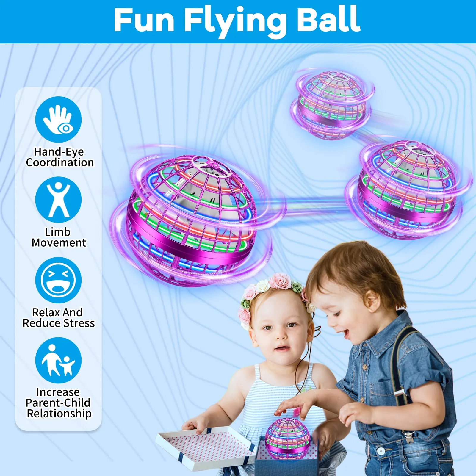 flying orb ball toys manually controllable magic flying ball indoor outdoor toy 360ﾰ rotation boomerang hover ball mini drone with led lights birthday for boys girls kids adultspurple