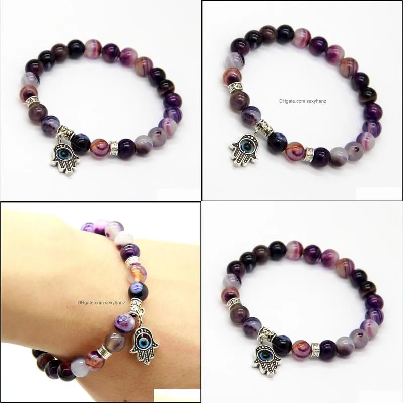  arrival jewelry wholesale 8mm beaded natural purple agate stone beads hamsa hand yoga braclets gift for men and women