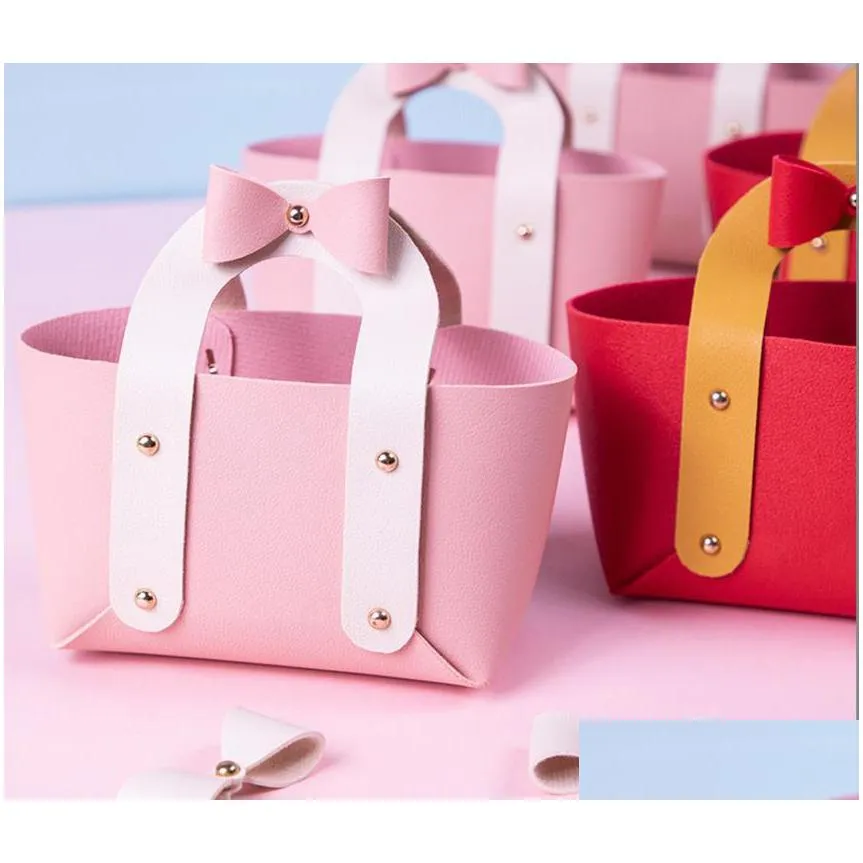 bowknot handbag with handle beautiful leather gift wrap bag decor wedding candy birthday party favor pink red
