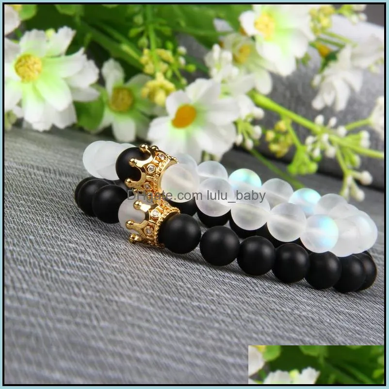  couples jewelry cz crown bracelets wholesale 5 sets/lot 8mm natural matte onyx flash beads beaded bracelet for love